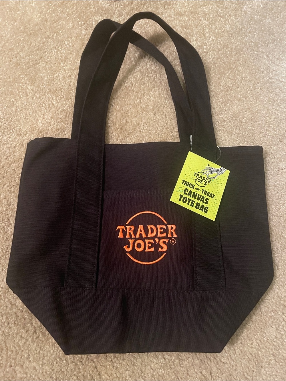 Trader Joe's Halloween Black Small Canvas Tote with Orange Logo